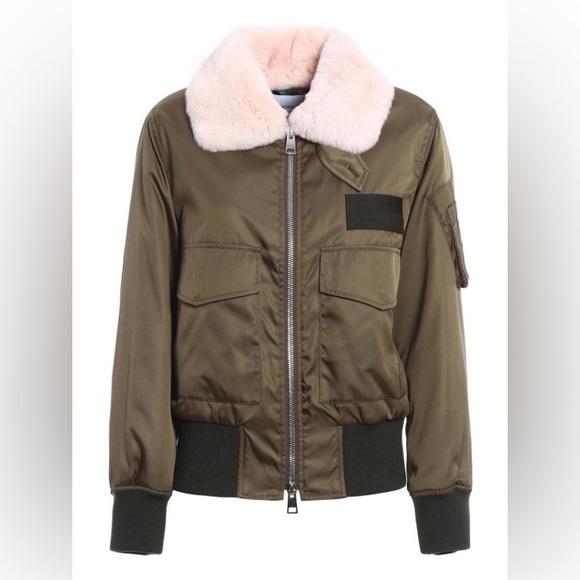 Dondup olive green Karenne bomber jacket with pink fur collar NWT